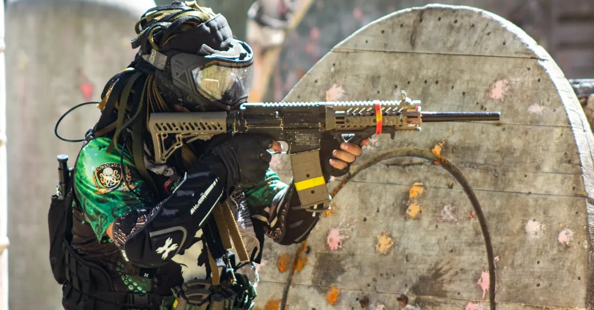 Paintball player aiming down a precision barrel upgrade during outdoor competitive play