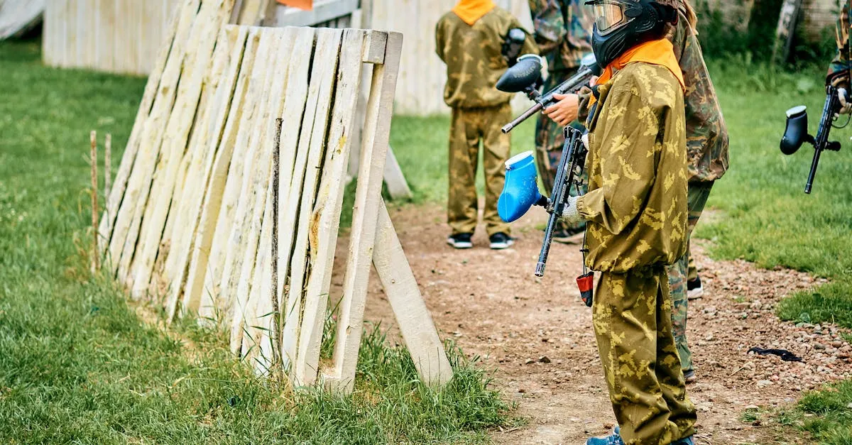 Kids in camouflage gear and protective masks playing with youth paintball guns outdoors
