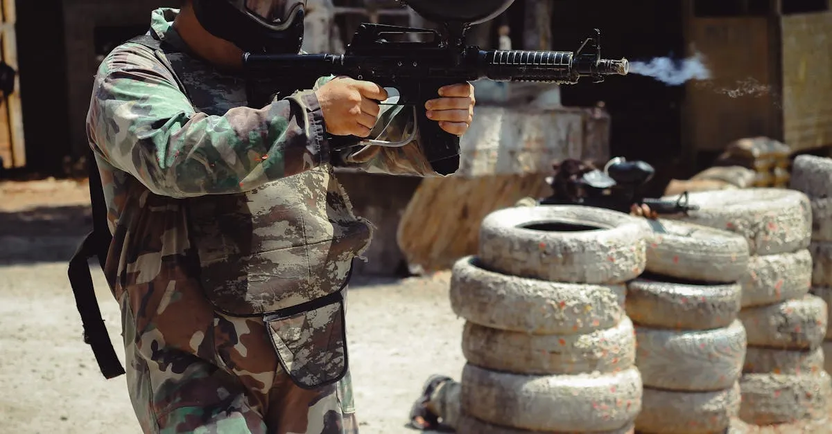 Player in camouflage aiming a pump paintball gun with precision during outdoor play