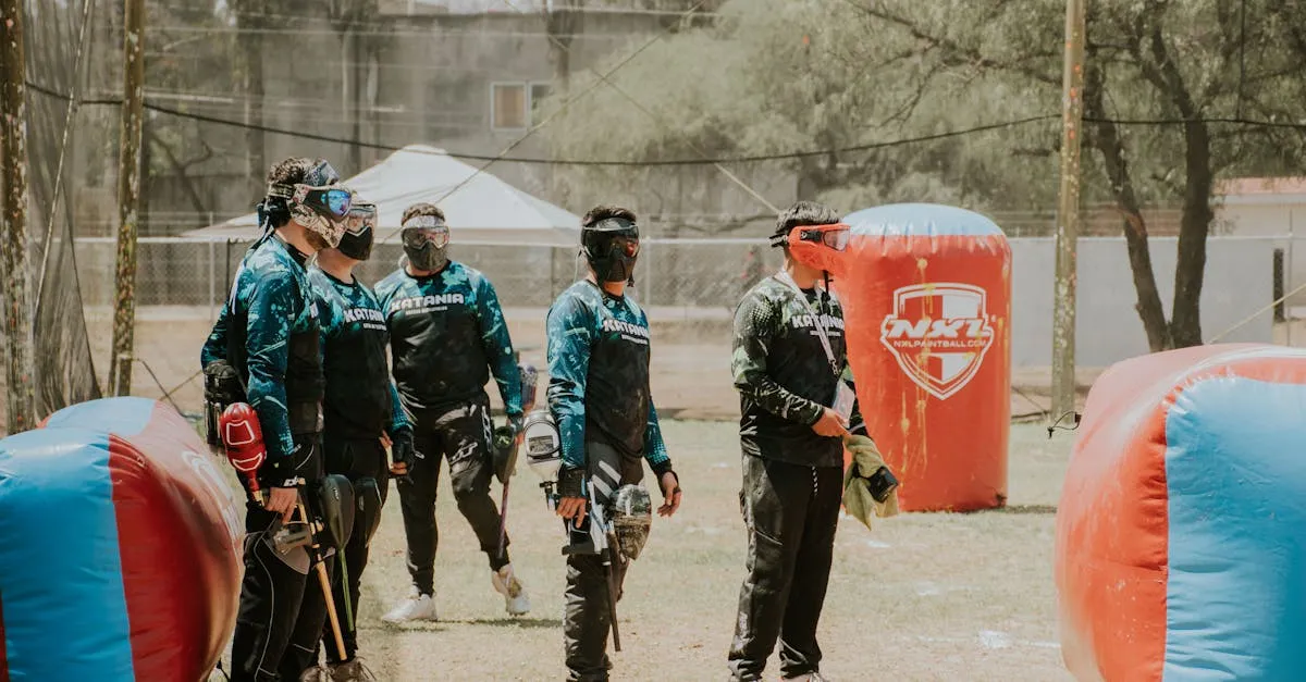 Paintball team loading premium tournament paintballs and checking gear before a competitive match