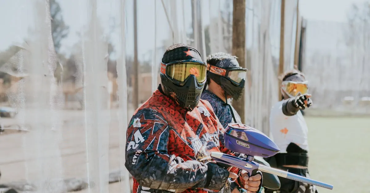 Group of adults playing paintball in vibrant gear, showcasing teamwork and sport.