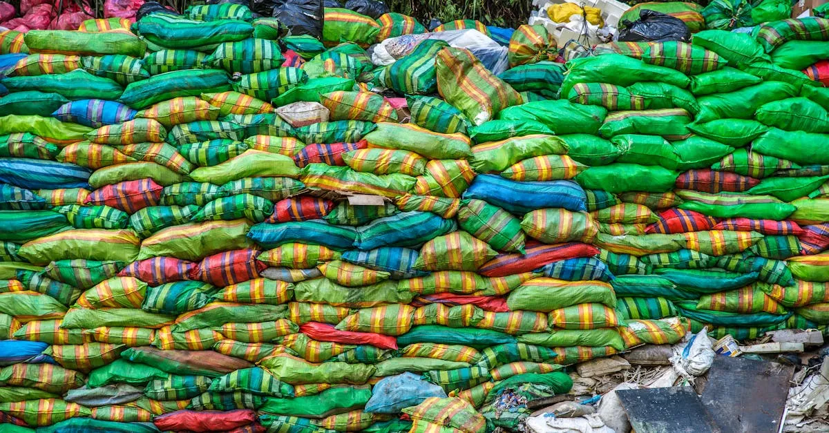 A vibrant collection of multicolored sacks stacked in an outdoor setting, showcasing variety and abundance.