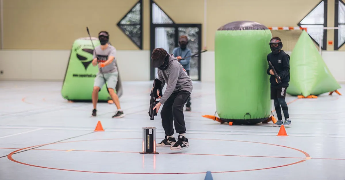 Exciting indoor paintball game with players in action, strategizing and competing.