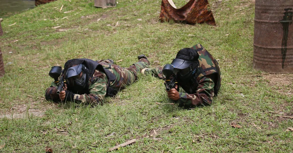 Two players in camouflage gear heading out to find a local paintball field nearby