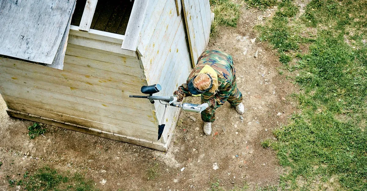 A paintball player in camouflage takes cover beside a wooden hut during an outdoor match.