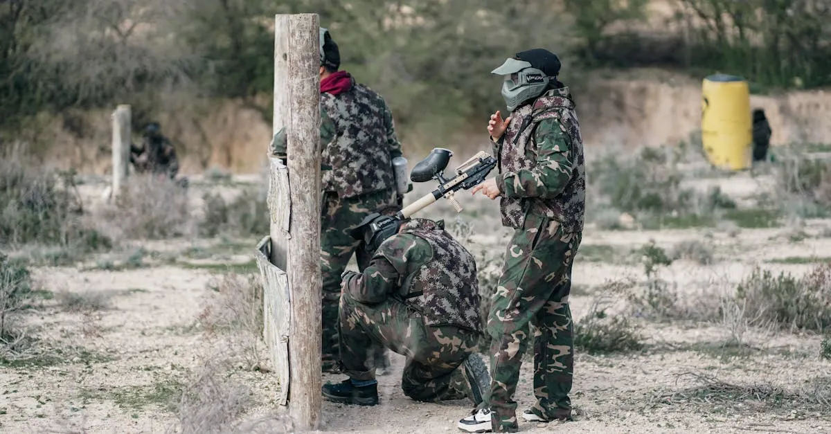 Group of players in camouflage advancing together learning how to play paintball outdoors