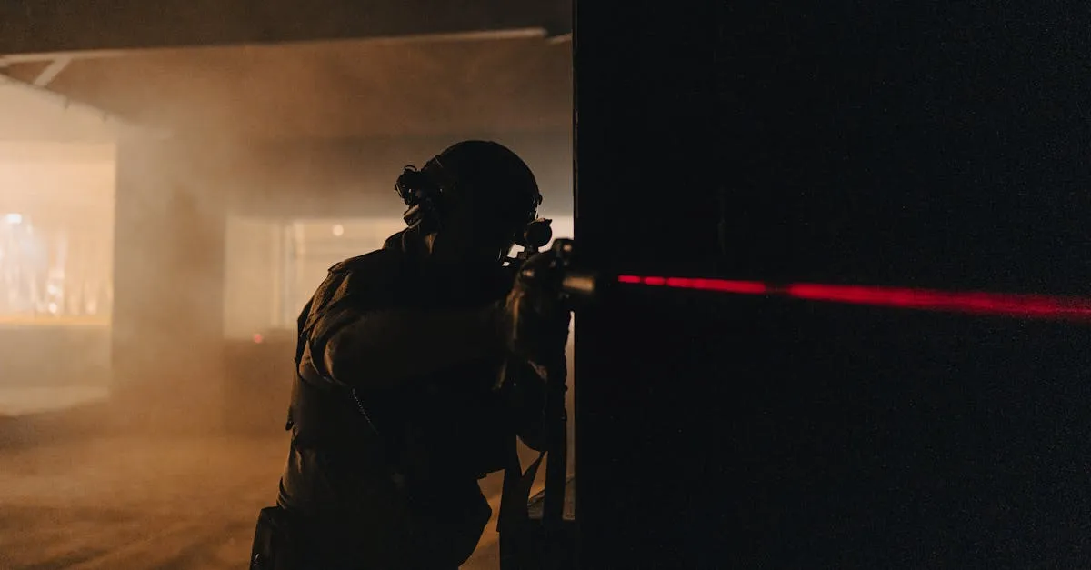 Tactical player aiming a magazine-fed marker during an immersive magfed paintball scenario