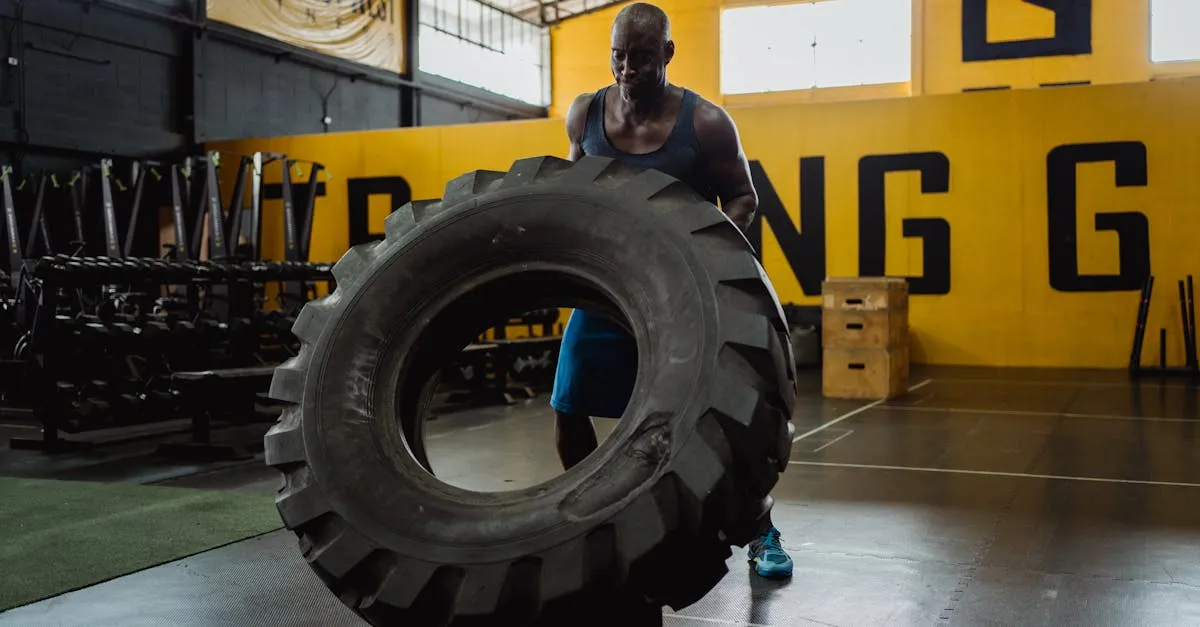 Athlete doing tire flip strength training to build paintball fitness and endurance