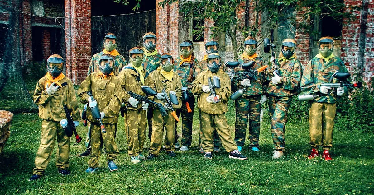 Group of paintball players in camo gear and masks ready for a paintball party event