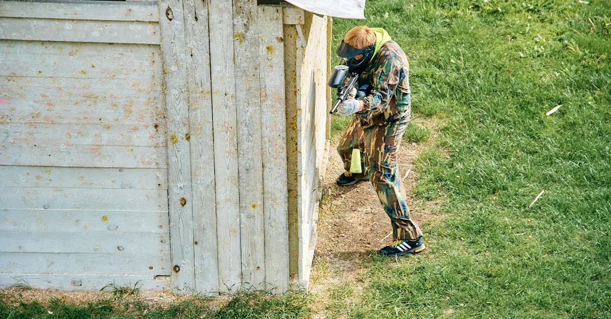 Paintball player taking cover behind a wooden bunker lining up a long-range sniper shot