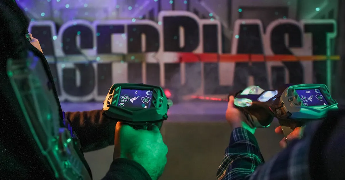 Colorful arena with neon lighting set up for laser tag compared to outdoor paintball