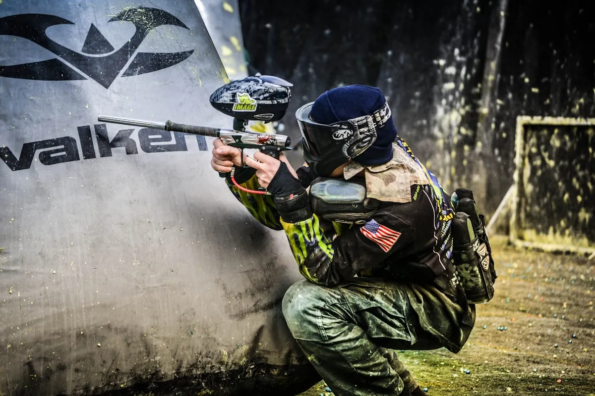 paintball team advancing between inflatable bunkers during a game